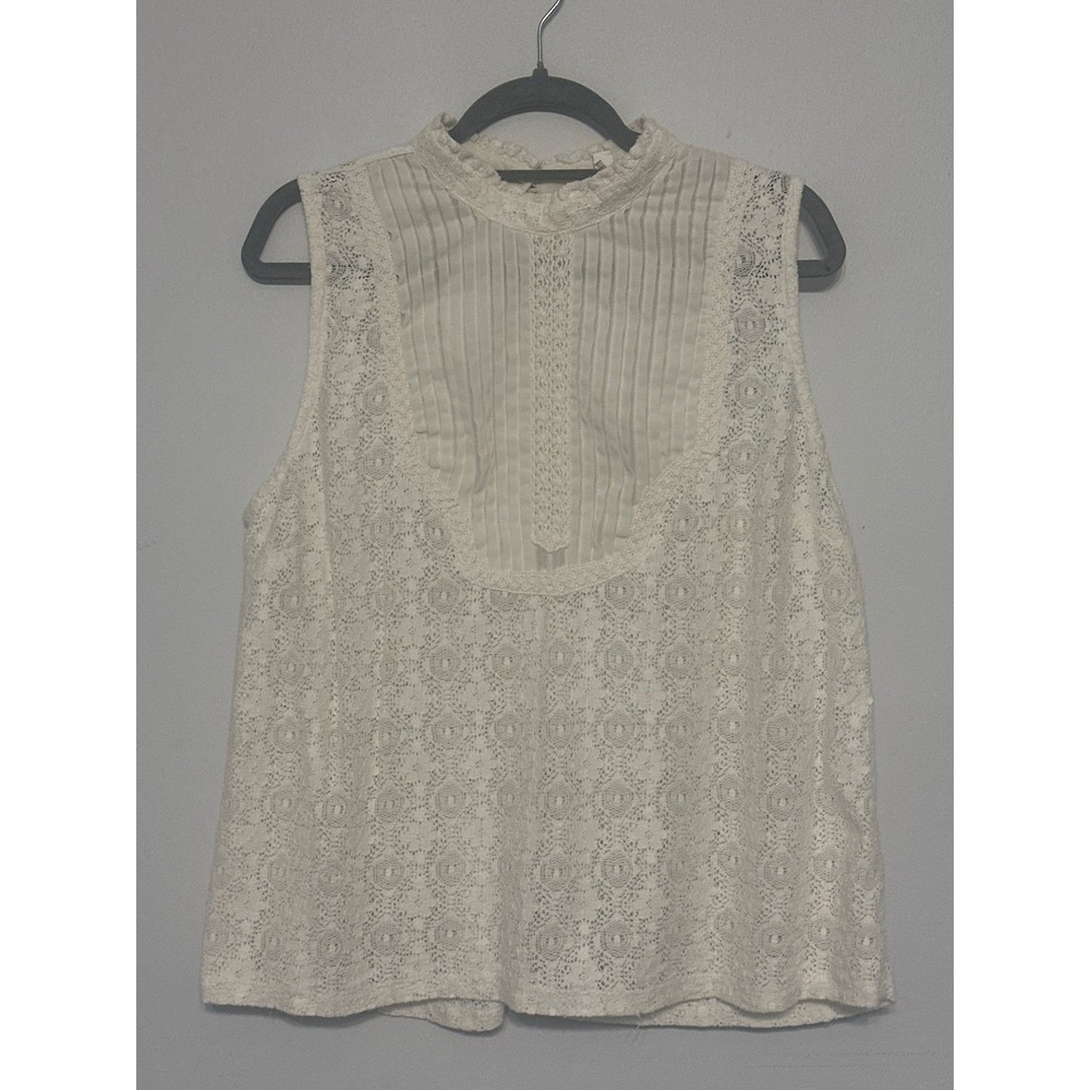 C. Luce White Lace Sleeveless Blouse High Neck Pleated Bib XL